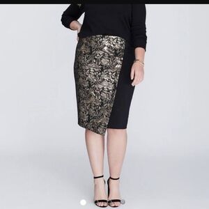 LANE Bryant Metallic Black/Gold Floral Foil Pencil Skirt Sz 16